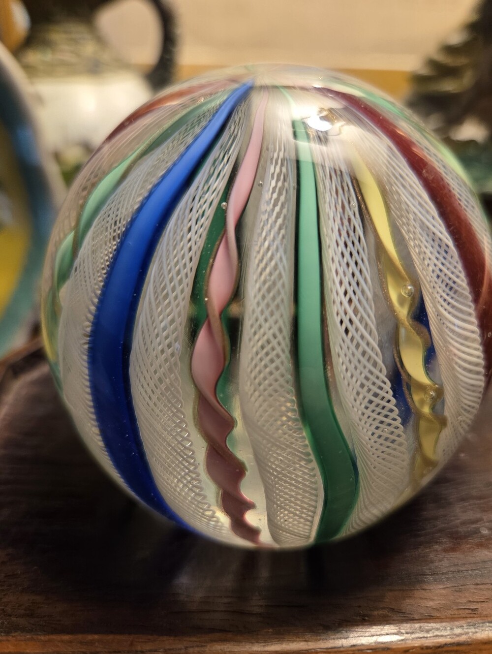 Fratelli Toso Murano Vintage Glass Paperweight Pastel Ribbon Zanfirico Design